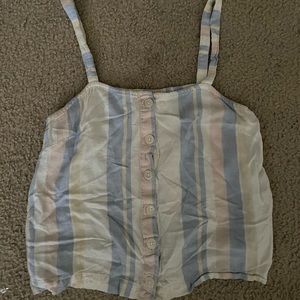 White crop top with light pink, light blue, and light yellow stripes
